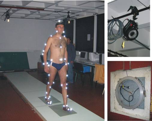 Experimental measurements with VICON-460 capture motion system in the laboratory conditions: (i) fluorescent markers attached to the human body, (ii) infra-red camera for capturing kinematics, (iii) 6-axes force platform for measurements dynamic reactions