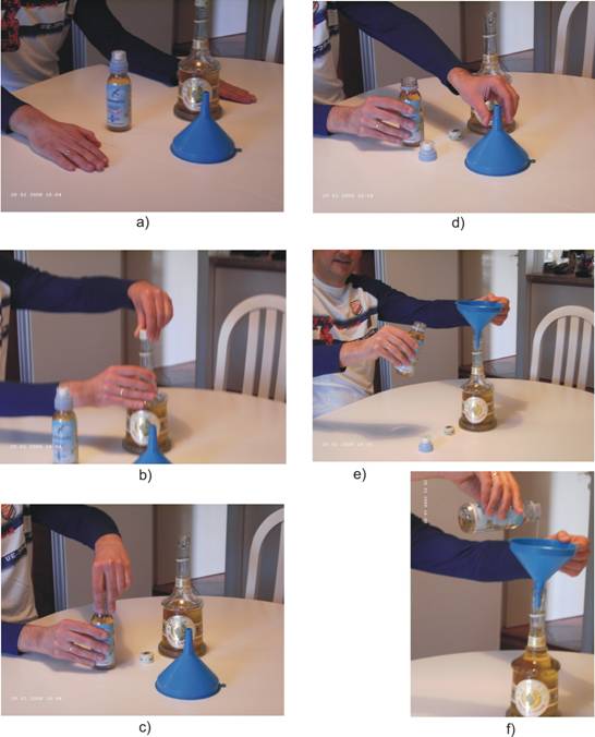 Multi-phases dual-arm manipulative task of bottle decanting requiring very precise positioning.